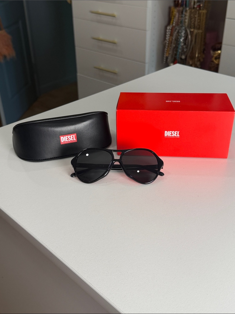 Diesel Black Aviator Sunglasses with Red Box